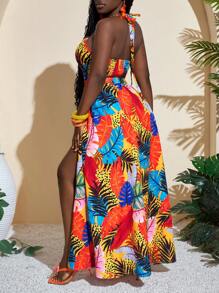 Slaydiva 女士树叶印花休闲连衣裙，适合度假 - 彩色 - 查看 3