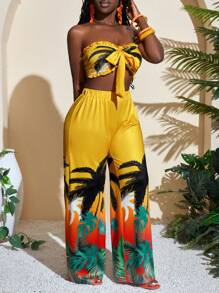 Slaydiva 女士夏季假期椰子树印花露背宽松长款两件套