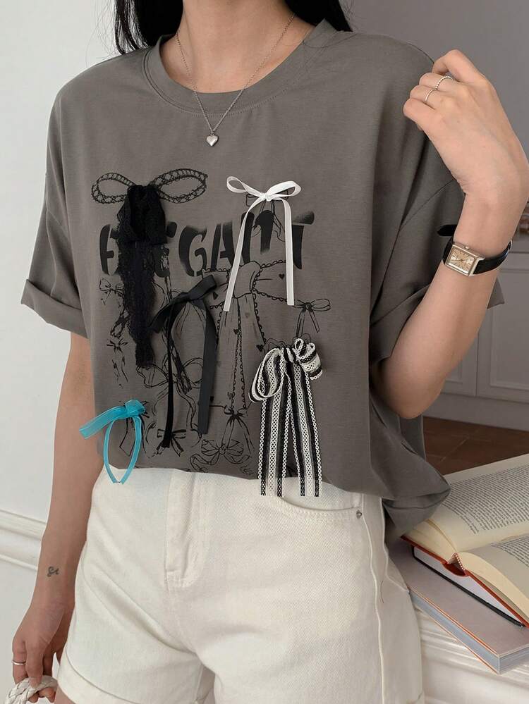 Women Summer New Fashion Street Style Bow Decor Short Sleeve T-Shirt,Back To School Clothes