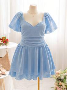 Dreamara Vestido mini con volantes de manga corta, cuello con volantes y talla grande para mujer, color azul, para vacaciones de primavera - Azul - Ver 1