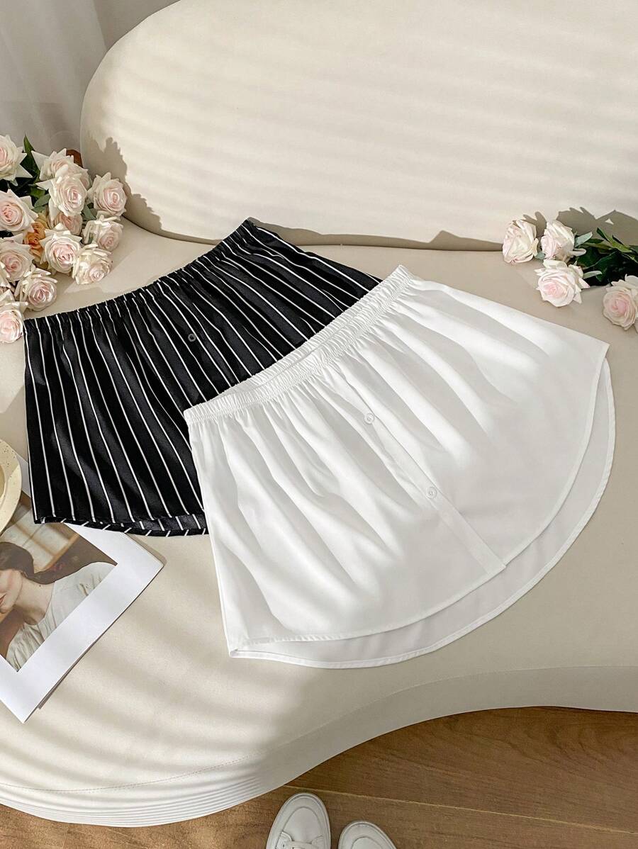 SHEIN Essnce 大码女士时尚夏季服装女士沙滩装女士健身套装女士商务休闲女士休闲通勤运动遮瑕尴尬线条纹和白色短臀帘裙 2 件套 - 黑與白 - 查看 1