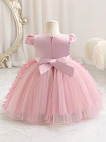 SHEIN Robe de bébé fille élégante et simple en tissu texturé avec décoration de nœud au col rond - Rose bonbon - Voir 2