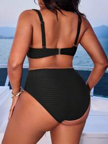 Swim SXY Plus Size Women 2 Pieces Solid Color Ribbed Fabric Underwire Bikini Set, Sexy & Casual, For Summer Beach Vacation