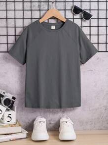 SHEIN Tween Boy Loose Plain Round Neck Raglan Sleeve Short Sleeve T-Shirt - Grey - View 1