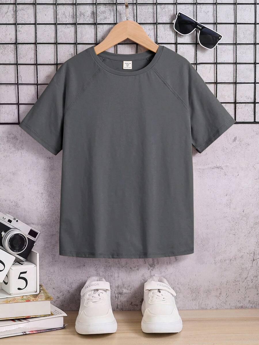 SHEIN Tween Boy Loose Plain Round Neck Raglan Sleeve Short Sleeve T-Shirt - Grey - View 1