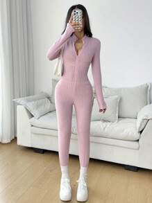 Muchica Ribbed Velvet Open Front Jumpsuit - Pink - View 1