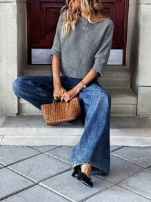 Chiquease 女士春夏休闲圆领宽松 3/4 袖毛衣上衣 - 灰色 - 查看 5