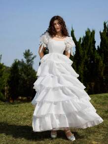 SHEIN MOD White Dreamy Romantic Elegant Multi-Layer Tulle Dress With Tiered Ruffle Trim And Bow Decor, Suitable For Date, Party, Holiday, Tea Party, Birthday,Valentine's Day,Summer Outfits For Women,Beach Outfits For Woman,Rave Outfits Festival,Vacation Outfits Woman,Festival Outfits For Women,Easter Outfits Women,Date Night Outfits Women