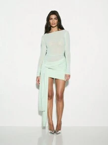 KIZN Chân váy mini xếp nếp có chi tiết nhún ở hông, trang phục dự tiệc tối thanh lịch, bộ sưu tập thời trang xuân hè cho câu lạc bộ - màu xanh lá - Xem 3