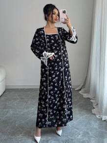 Yasmyna 女式编织花卉印花长袖荷叶边蝴蝶结阿巴亚连衣裙，端庄 - 黑色 - 查看 1