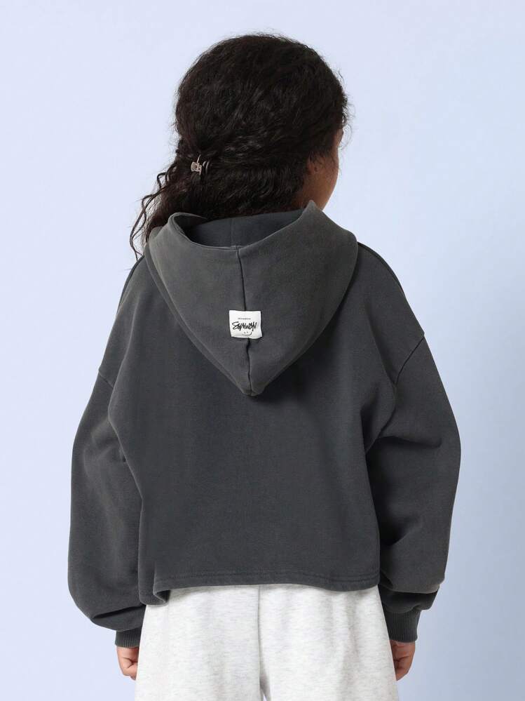 Urban Streetwear Cropped Hoodie With "777" Graphic Print, Oversized Fit Youth Fashion Hip Hop Style Sporty Sweatshirt Fall Winter Athletic Wear - Dark Grey - View 2