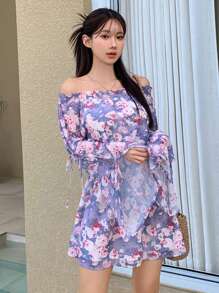 DAZY 女士极简时尚休闲和服印花罩衫连衣裙，适合日常穿着，夏季海滩度假，荷叶边露肩上衣，波西米亚风 - 彩色 - 查看 5