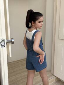 Set de 2 piezas de look casual de moda coreana para niñas preadolescentes, con diseño estilizado Y2K que incluye top con tirantes y pantalones vaqueros anchos y lavados, colección primavera-verano 2025, apto para uso diario, fiestas y viajes