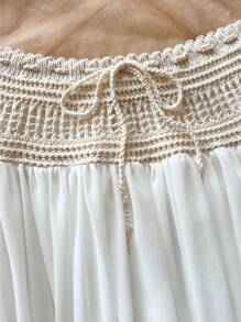 Soleia Women Crochet Knitted 3D Flower White Bandeau Top And Crochet Waist Chiffon Skirt Set, Beach Holiday Outfit, Suitable For Spring And Summer In Fall/Winter - White - View 3