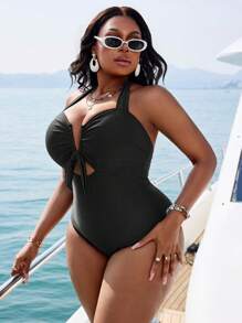 Swim SXY Plus Size Women Głęboki Dekolt w Serek Jednolity Kolor Wyszczuplający Elegancki Halter Jednoczęściowy Kostium Kąpielowy, Na Letnie Wakacje Na Plaży