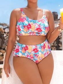 Swim Mod Plus Size Women 2pcs Random Floral Print Spaghetti Strap Racerback Bikini Swimwear Set, Casual For Sports, Swimming Pool, Beach, For Summer Vacation - Multicolor - View 1