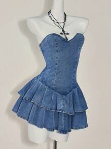 SHEIN ICON Women's Ruffle Hem Strapless Denim Dress, Y2k Clothes Women - Medium Wash - View 3