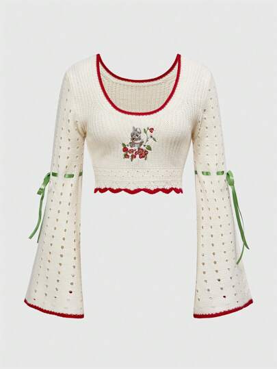 Kawaii ملابس علوية كروشيه مطرزة برسم الأرنب والفراولة مناسبة لفصلي الربيع والصيف