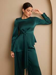 Graceveil 女式长袖上衣和阔腿裤阿拉伯风格两件套 - 綠色 - 查看 7