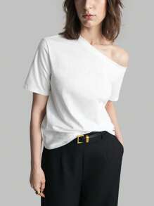 Ontre Women's Solid Color Asymmetric Collar Short Sleeve Casual T-Shirt, Summer