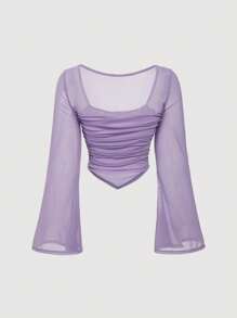 SHEIN MOD Violet Flare Sleeve Square Neck Ruched Hanky Hem Tee - Violet Purple - View 2