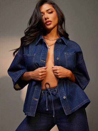 Denimoi Women's Drop Shoulder Sleeve Loose Single-Breasted Casual Pocket Denim Shirt