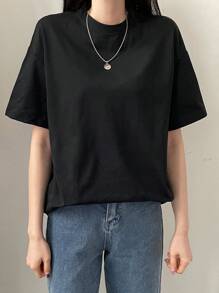 DAZY Áo thun nữ cổ tròn tay ngắn dáng rộng dài màu trơn mùa hè Áo thun oversize thời trang học sinh - màu đen - Xem 3