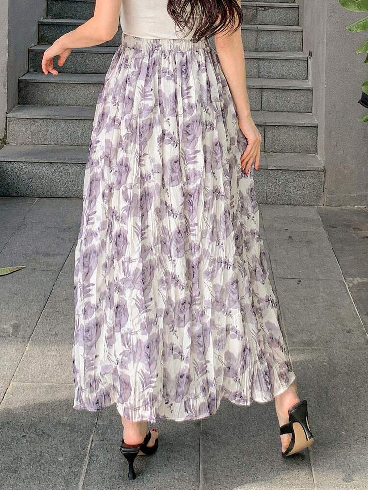 Summer New Bohemian Floral Printed Crinkled Elastic Waist Straight Skirt For Women