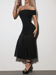SHEIN ICON Black Mermaid Prom Dress, Elegant Fitted Open Shoulder With Mesh Panel, Evening Party Dress - Black - View 6