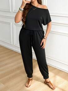 SHEIN LUNE Plus Size Casual Solid Color Asymmetrical Collar Jumpsuit Spring Break Casual Casual Daily Wear,Women's Romper, Summer Wear, Cutie Off-The-Shoulder,Summer Outfits For Women Summer,Rave Outfits Festival,Summer Outfits For Women Vacation Outfits Woman Casual Jumpsuit - Black - View 1