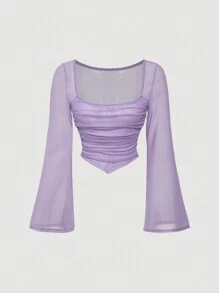 SHEIN MOD Violet Flare Sleeve Square Neck Ruched Hanky Hem Tee - Violet Purple - View 1