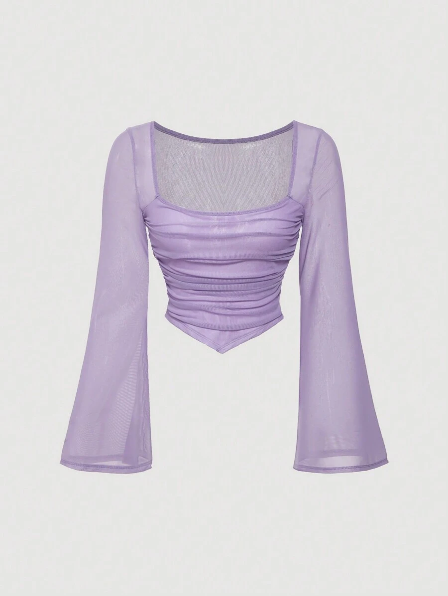 SHEIN MOD Violet Flare Sleeve Square Neck Ruched Hanky Hem Tee - Violet Purple - View 1