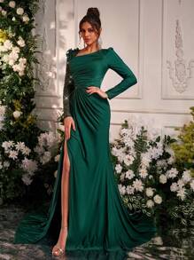 Glamrae Thanh lịch, Lãng mạn, Gợi cảm, Trang nghiêm, Mùa xuân và mùa hè, Xanh lá cây đậm, Vải dệt kim co giãn, Đường khâu sequin Trang trí hình bướm ba chiều, Tay dài xẻ tà bên, Viền đuôi cá, Váy dự tiệc cưới cho phụ nữ, Kỳ nghỉ, Dạ hội, Váy ăn tối trang trọng, Váy dự tiệc, Váy dạ hội, Váy choàng - Màu xanh lá cây đậm - Xem 5