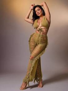 Denimoi Women's Solid Color Cropped Deep V-Neck Sleeveless Sexy Fashion Knit Top - Multicolor - View 3