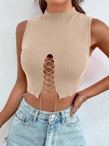 Chiquease 时尚性感链条交叉绷带短款针织上衣 - 杏色 - 查看 6