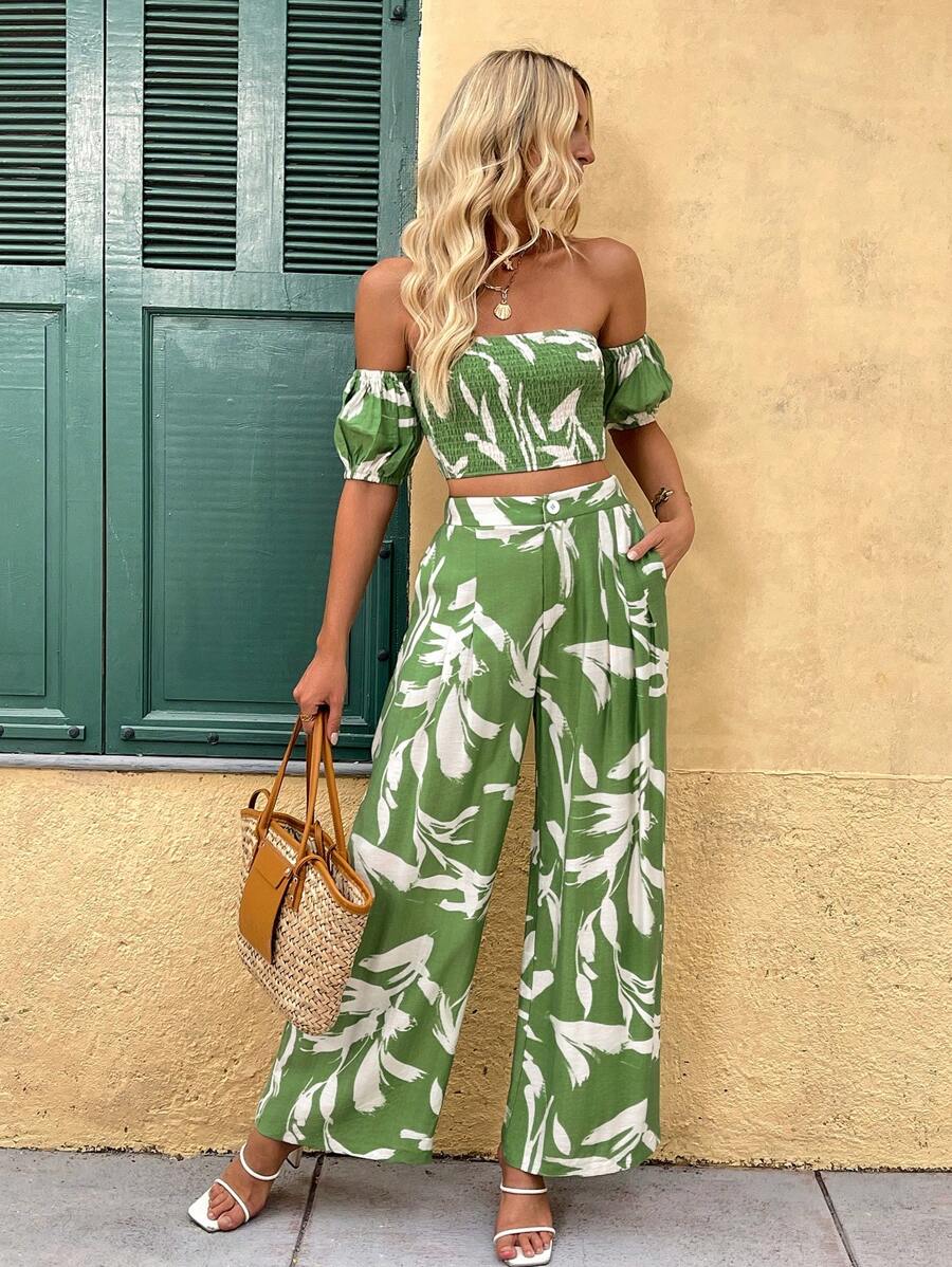 Breezaya 2 件套女士优雅休闲度假几何印花锁眼露肩上衣和阔腿裤 - 綠色 - 查看 1