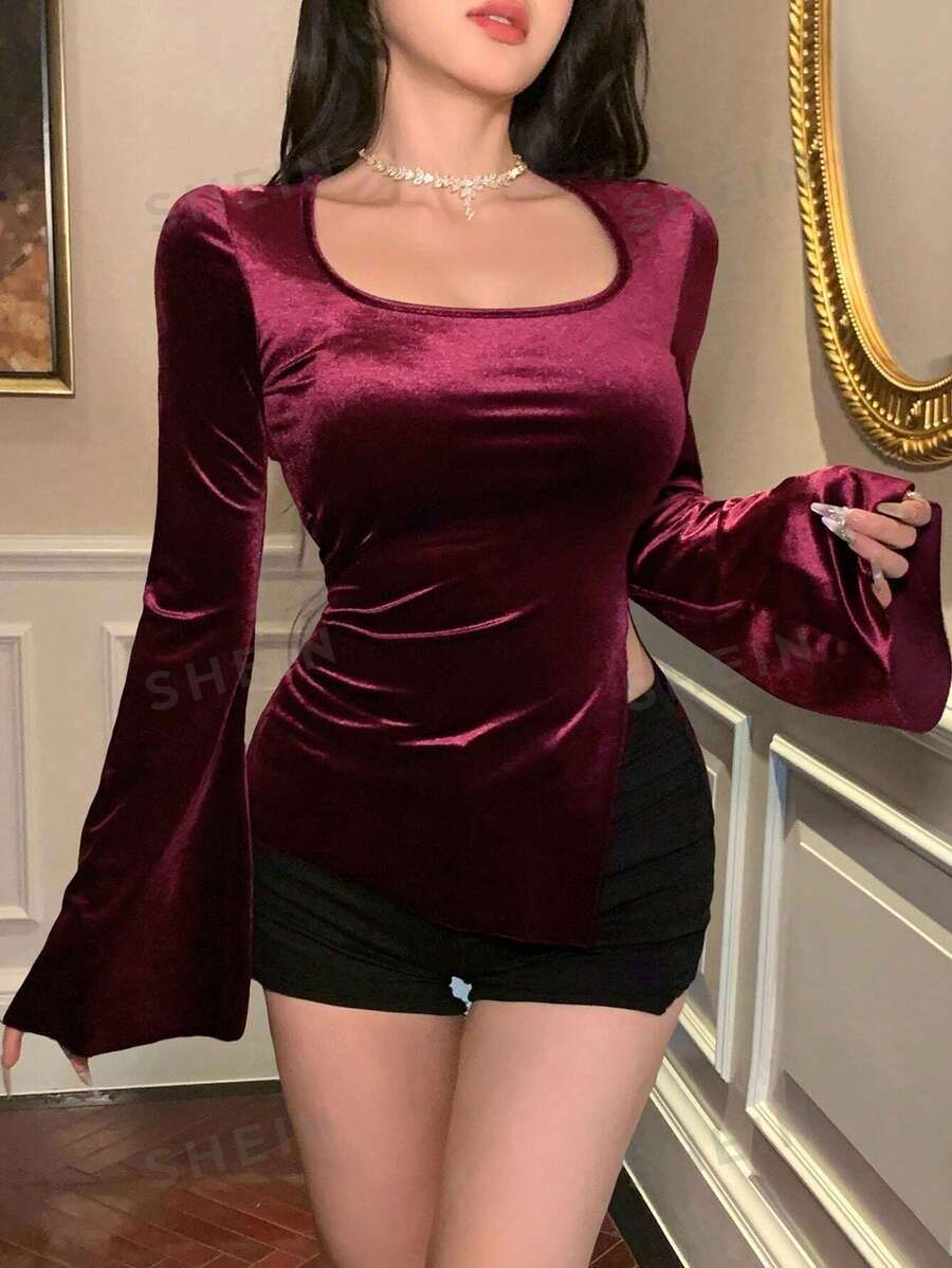 DAZY Camiseta de mujer con control de cintura de diseño primaveral nuevo con tela de terciopelo para otoño e invierno