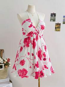 Soleia Plus Size Women Floral Tie Dye Pleated Backless Loose Vacation Dress, Suitable For Back To School, Fall Season