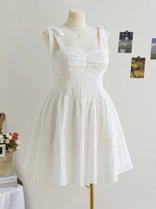 Soleia Plus Size Women Spring Romantic White Shoulder Bow, Gathered Bust, Empire Waist, A-Line Mini Dress - Multicolor - View 3