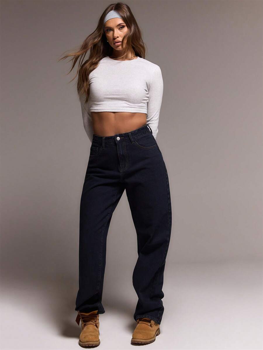 MUSERA Indigo Wash Straight Leg Jeans, Spring 90's Y2k Streetwear Casual Concert Chic Summer - Navy Blue - View 1