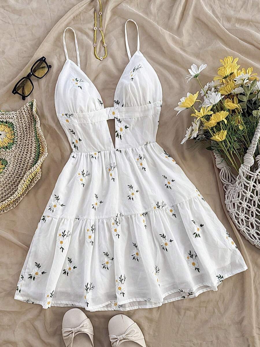 Soleia Đầm ngắn chữ A hở eo thêu hoa cúc lãng mạn cho kỳ nghỉ ở vùng nông thôn dành cho nữ, ngày lễ tình nhân, váy sinh nhật cho nữ, váy thanh lịch cho nữ, váy mùa hè cho nữ, váy nghỉ mát cho nữ - Nhiều màu - Xem 1