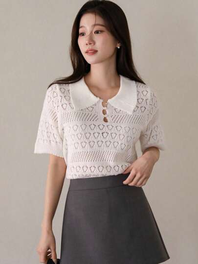 DAZY Elegant Office Wear Summer Solid Color Fitted Short Sleeve Hollow Out Polo Neck Knit Top For Women