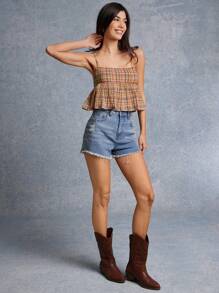 WESTFADE 春季西部格子方领荷叶边荷叶边娃娃装吊带上衣 - 彩色 - 查看 2