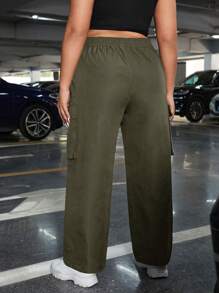 CovetEZ Plus Size Casual Solid Color Cargo Pants - Army Green - View 2