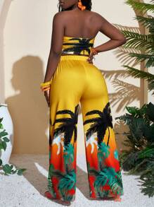 Slaydiva 女士夏季假期椰子树印花露背宽松长款两件套