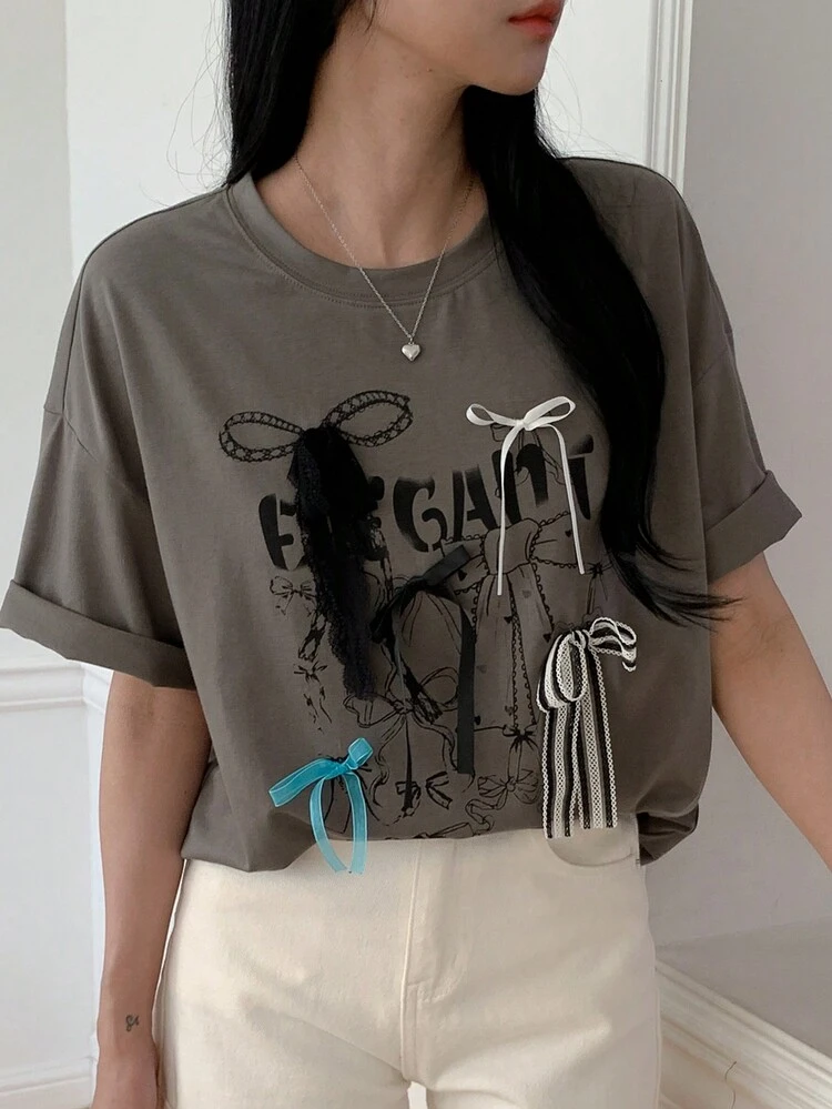 Women Summer New Fashion Street Style Bow Decor Short Sleeve T-Shirt,Back To School Clothes