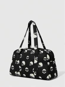 ROMWE Goth Black Skull Print Corduroy Women Tote Bag, Stylish & Portable - Black - View 1