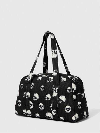 Goth Black Skull Print Corduroy Women Tote Bag, Stylish & Portable