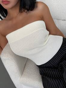 INAWLY Solva Women Casual Minimalist Solid Color Tube Top Knit Pullover Fall Winter - White - View 6
