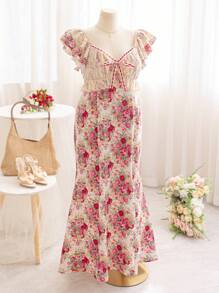 Soleia Vestido largo con estampado floral, mangas cortas de encaje y cintura ceñida, estilo romántico vintage, para mujer talla grande, primavera
